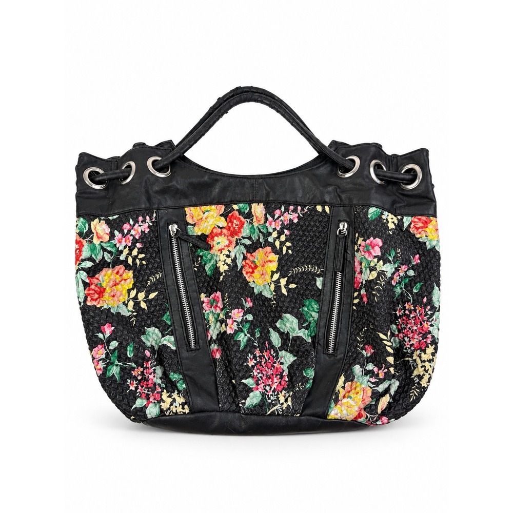 Chateau Vintage Y2K Black Floral Woven Zip Pocket Hobo Shoulder Bag